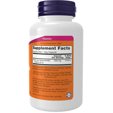 Now Foods Niacinamide 500mg Vitamin B-3 Capsules, 100 Ea