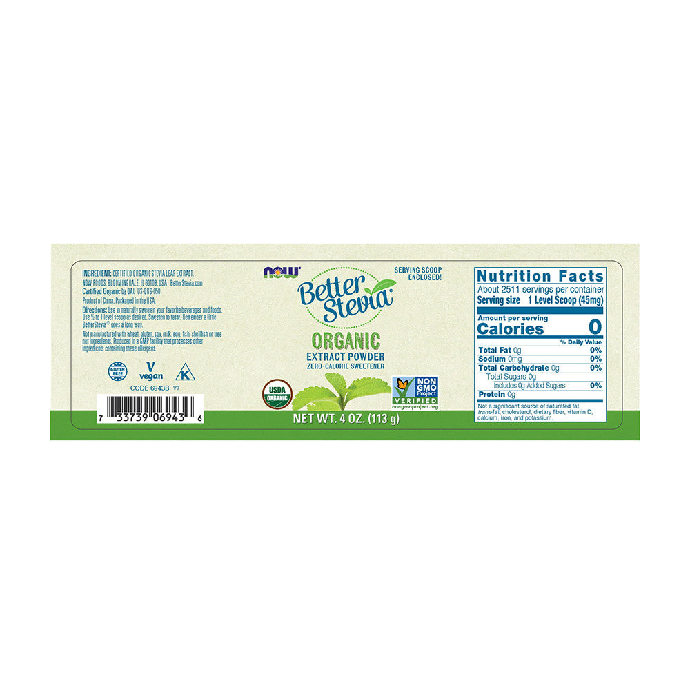 Now Food Organic Better Stevia Extract Powder, 4 Oz