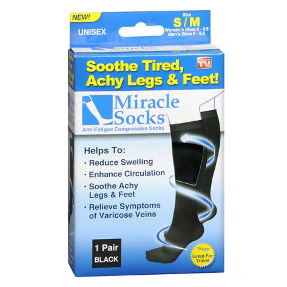 Miracle Anti Fatigue Compression Socks for Circulation and Comfort Unisex Black Small/Medium 1Pair