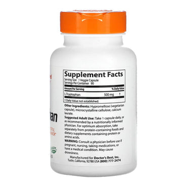 Doctors Best L Tryptophan 500 mg Veggie Capsules, 90 Ea