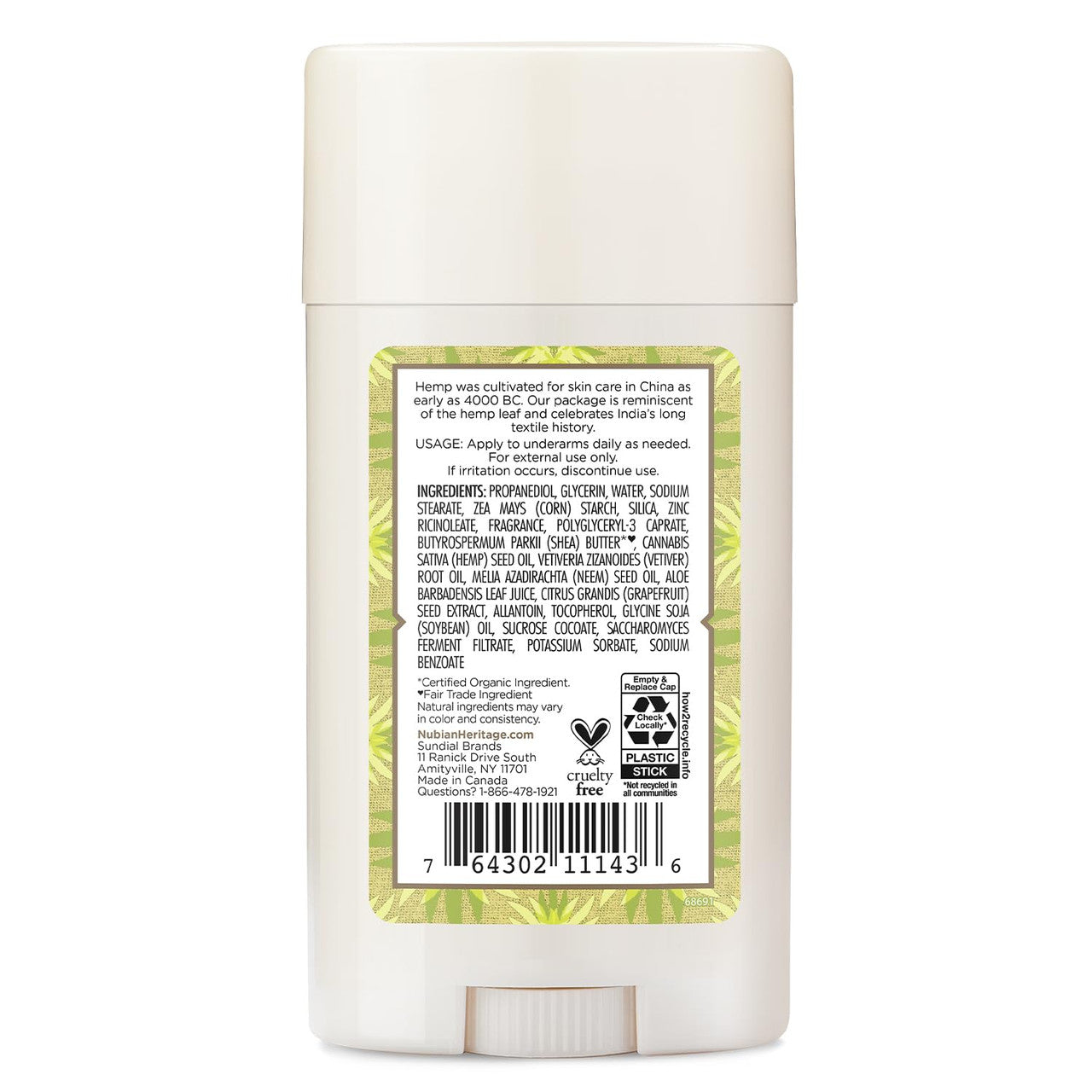 Nubian Heritage 24 Hour Natural Deodorant Indian Hemp and Haitian Vetiver, 2.25 Oz