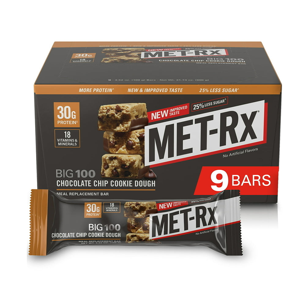 Met Rx Big 100 High Protein Meal Replacement Bar, Chocolate Chip Cookie Dough, 3.52 Oz, 9 Ea