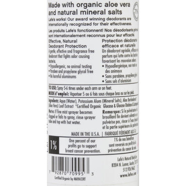 Lafes Natural and Organic Deodorant Spray with Aloe Vera, 4 Oz