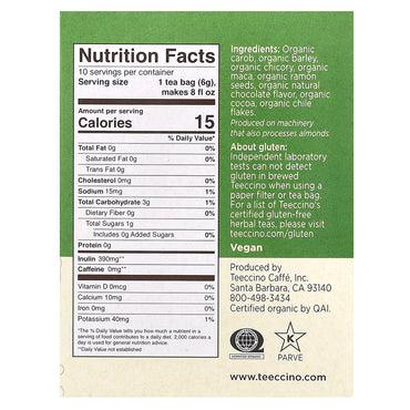 Teeccino, Organic Roasted Herbal Tea, Maca Chocolate, Caffeine Free, 10 Tea Bags, 2.12 oz