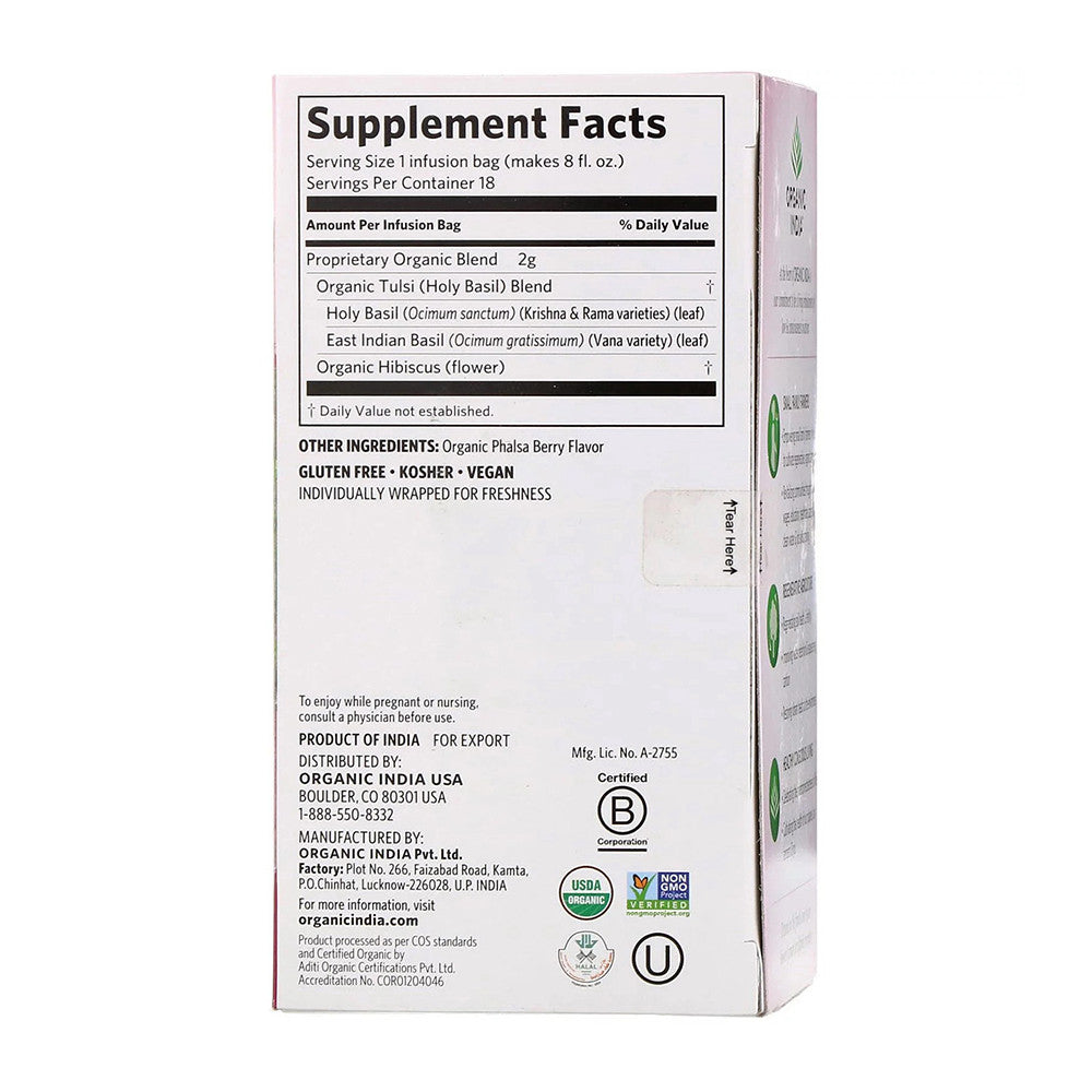 Organic India Tulsi Hibiscus Herbal Tea Bags, 18 Ea