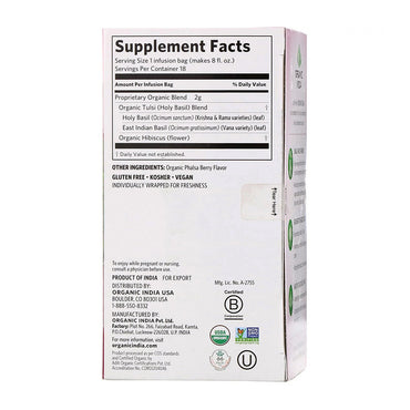 Organic India Tulsi Hibiscus Herbal Tea Bags, 18 Ea