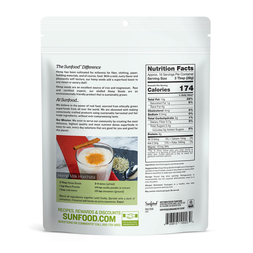 Sunfood Superfoods Raw Organic Shelled Hemp Seeds, 16 Oz
