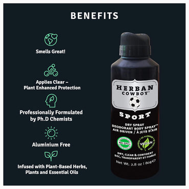 Herban Cowboy Maximum Protection Dry Spray Deodorant Body Spray, Sport, 2.8 Oz