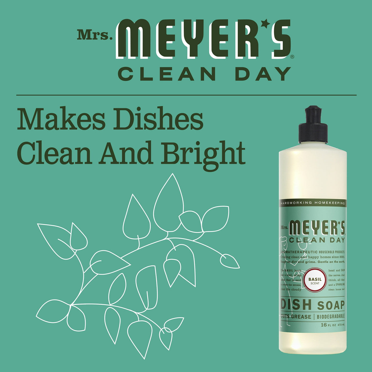 Mrs. Meyers Clean Day Liquid Dish Soap, Basil Scent, 16 oz