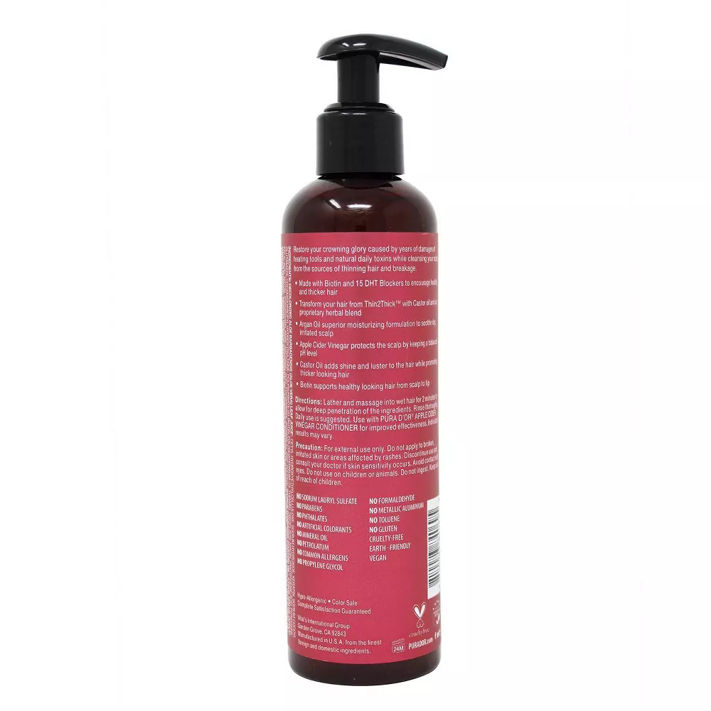 Pura D Or Thin 2 Thick Shampoo, Apple Cider Vinegar, 8 Oz