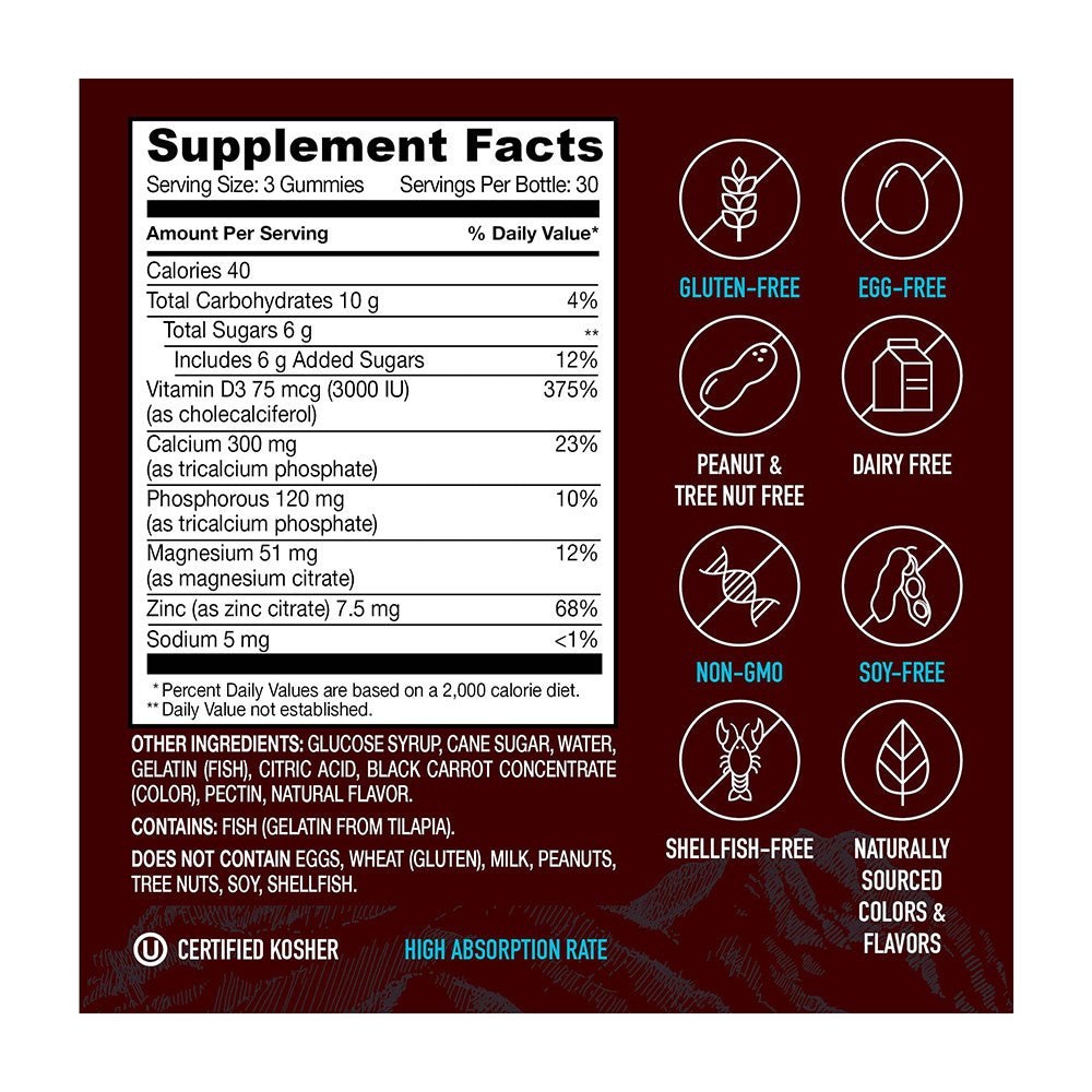 YumVs Strong Earth Calcium, Magnesium and Zinc Gummies for Bone, Raspberry Flavor, 90 Ea