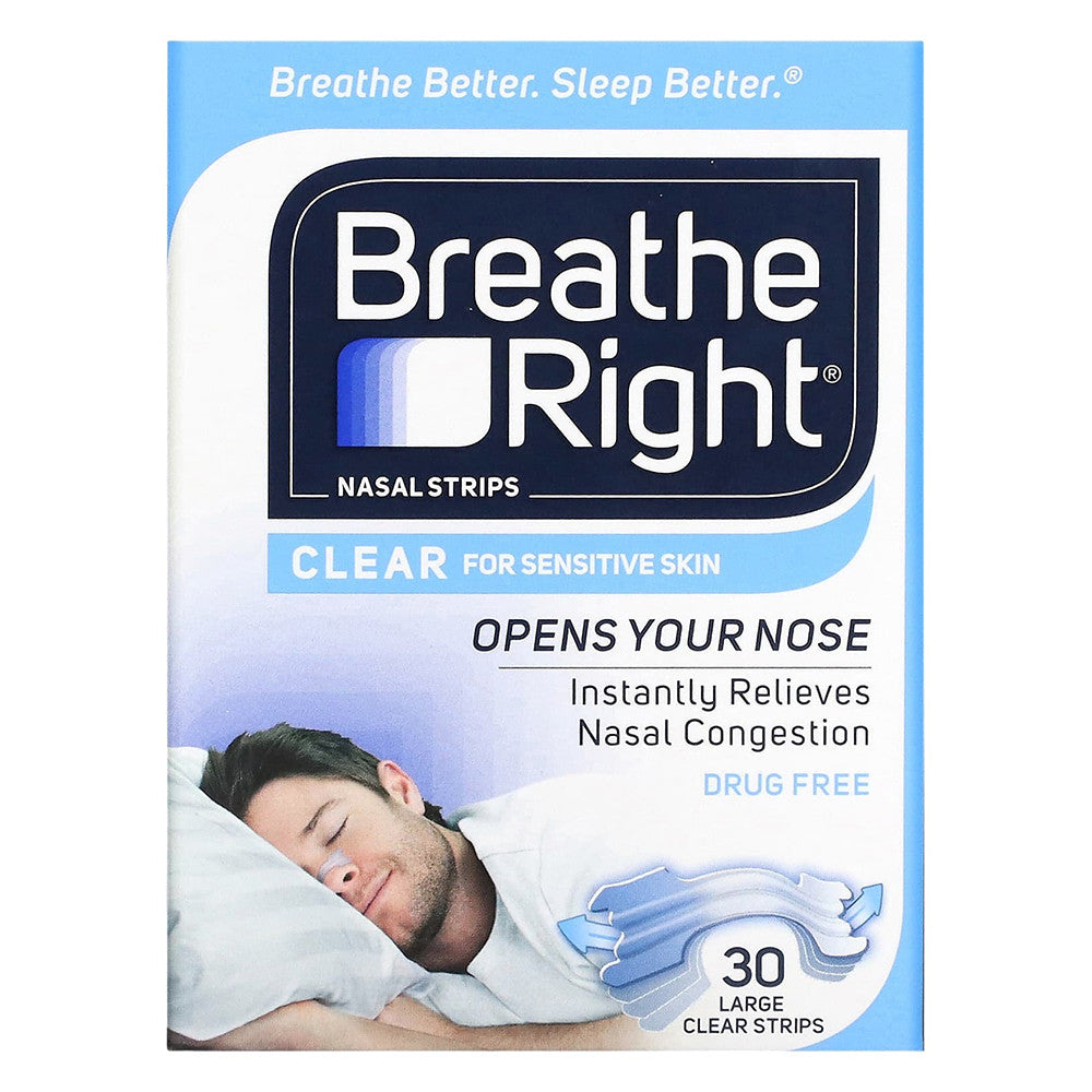Breathe Right Nasal Strips Clears for Sensitive Skin, Large Clear Strips, 30 Ea