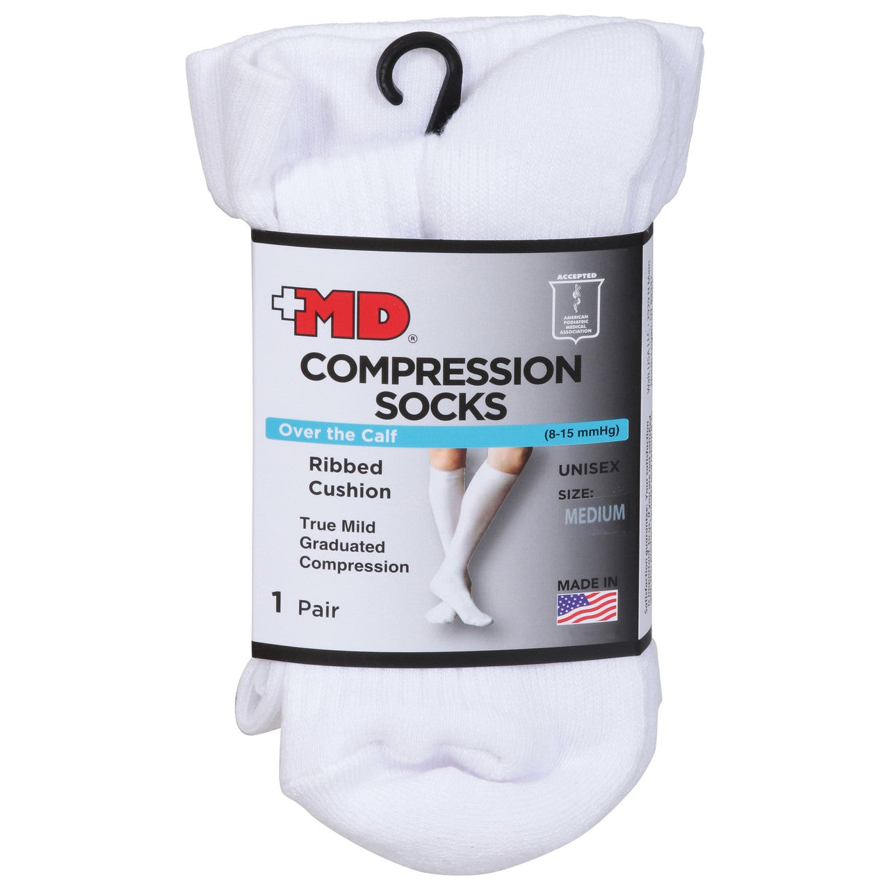 Md Ribbed Cushion Over The Calf Compression White Socks Medium, 1 Ea