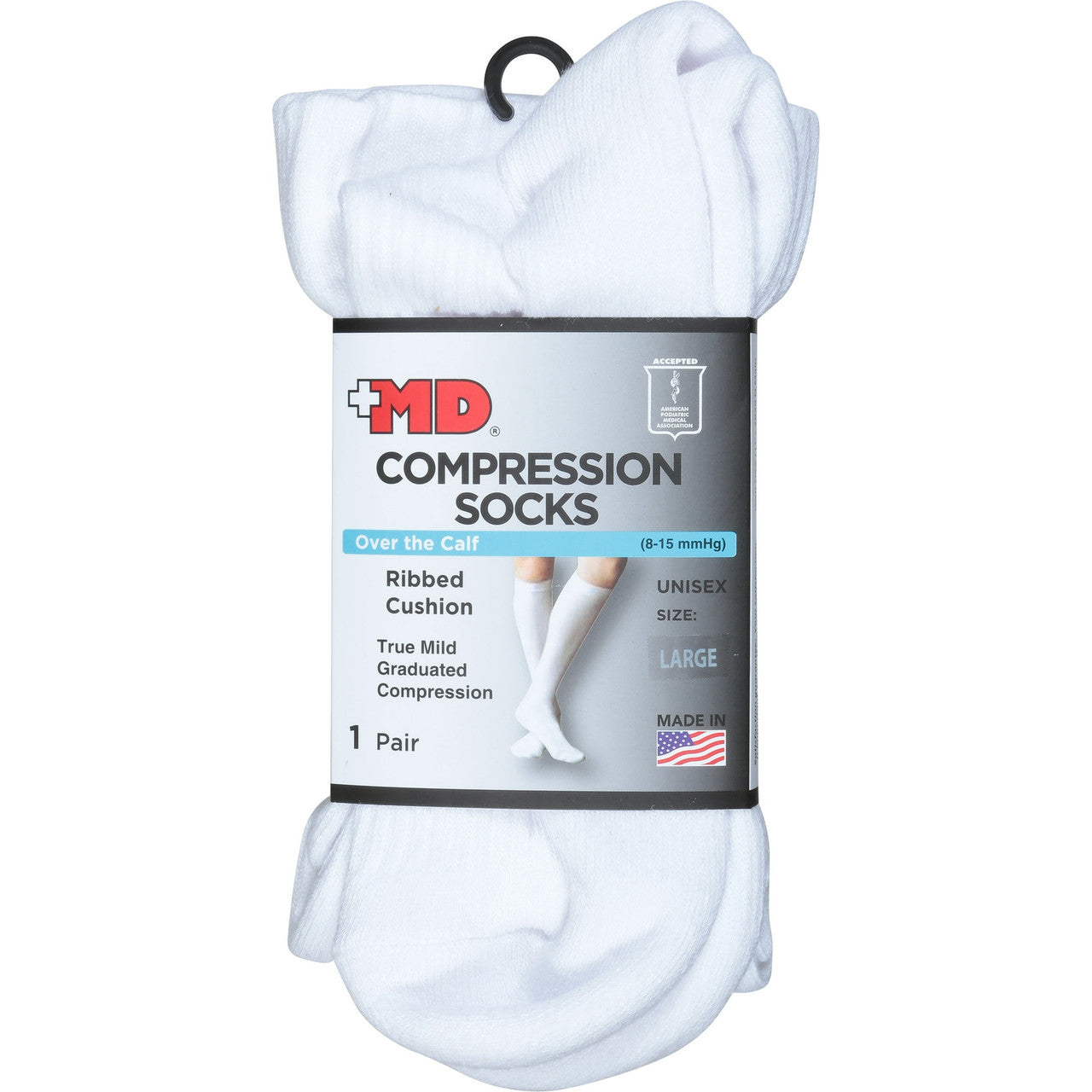 Md Ribbed Cushion Over The Calf Compression Socks White, Large, 1 Ea