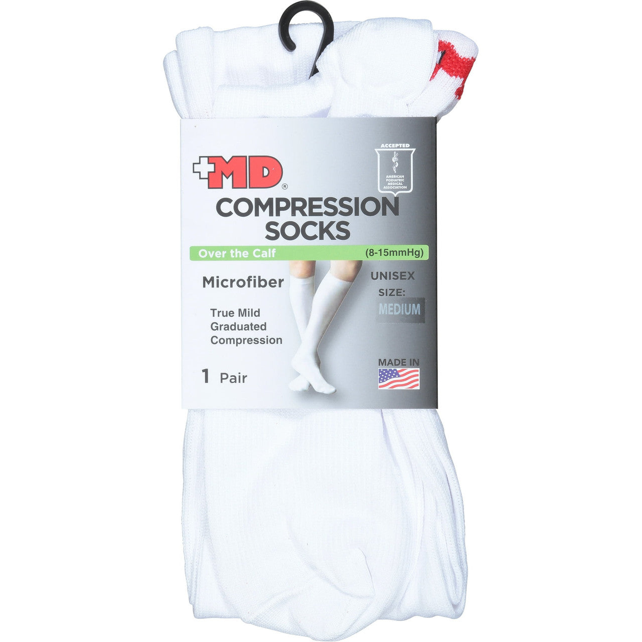 Md Microfiber Over The Calf Compression Socks White, Medium, 1 Ea