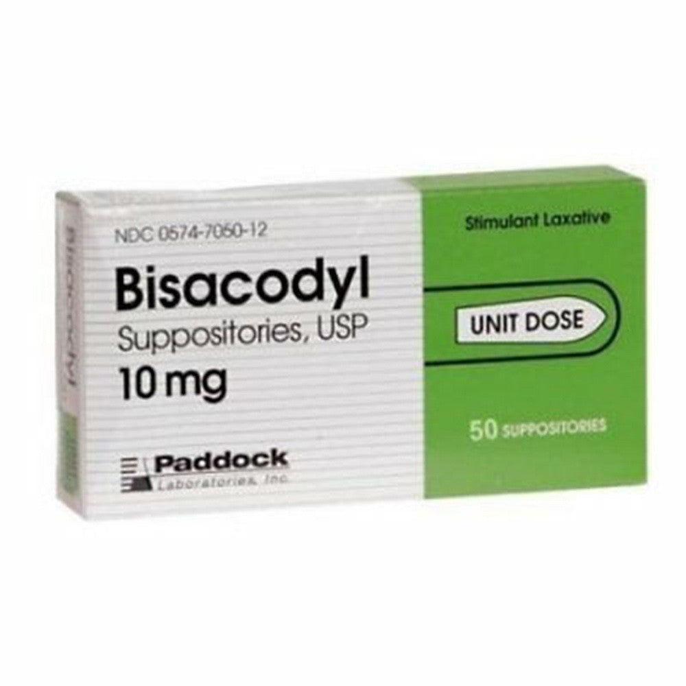 Paddock Bisacodyl Suppositories USP 10mg Stimulant Laxative Unit Dose, 50 Ea