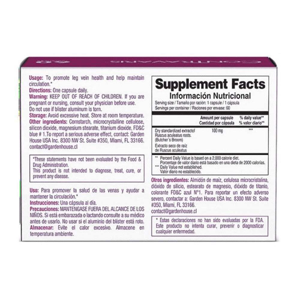 Contravaris Natural Supplement Ruscus Aculeatus 100Mg, Circulation And Vein Support Capsules, 60 Ea
