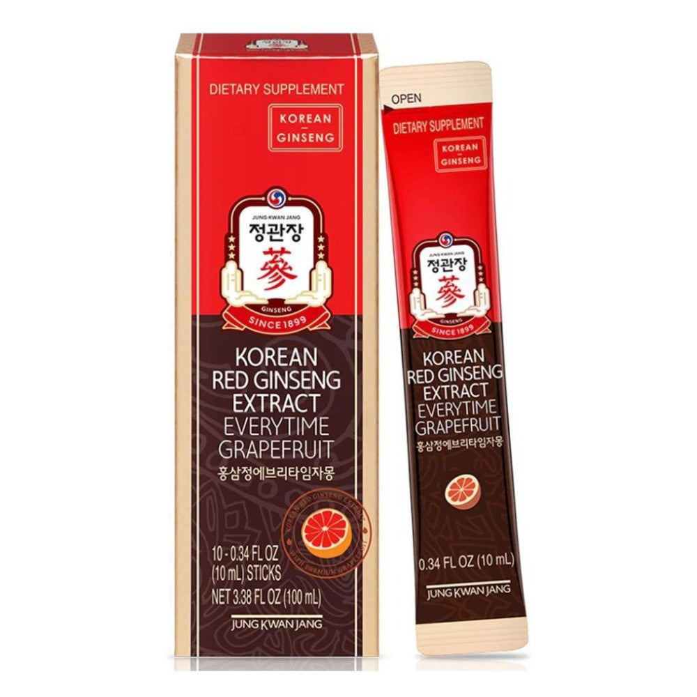 Jung Kwan Jang Everytime Korean Red Ginseng Grapefruit 1000mg Dietary Supplement Sticks 3.38Oz (100ml), 10Ea
