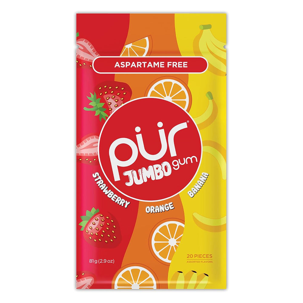 PUR Jumbo Gum Aspartame Free Chewing Gum Natural Strawberry Banana and Orange Flavors 2.9Oz (81g) 20Ea
