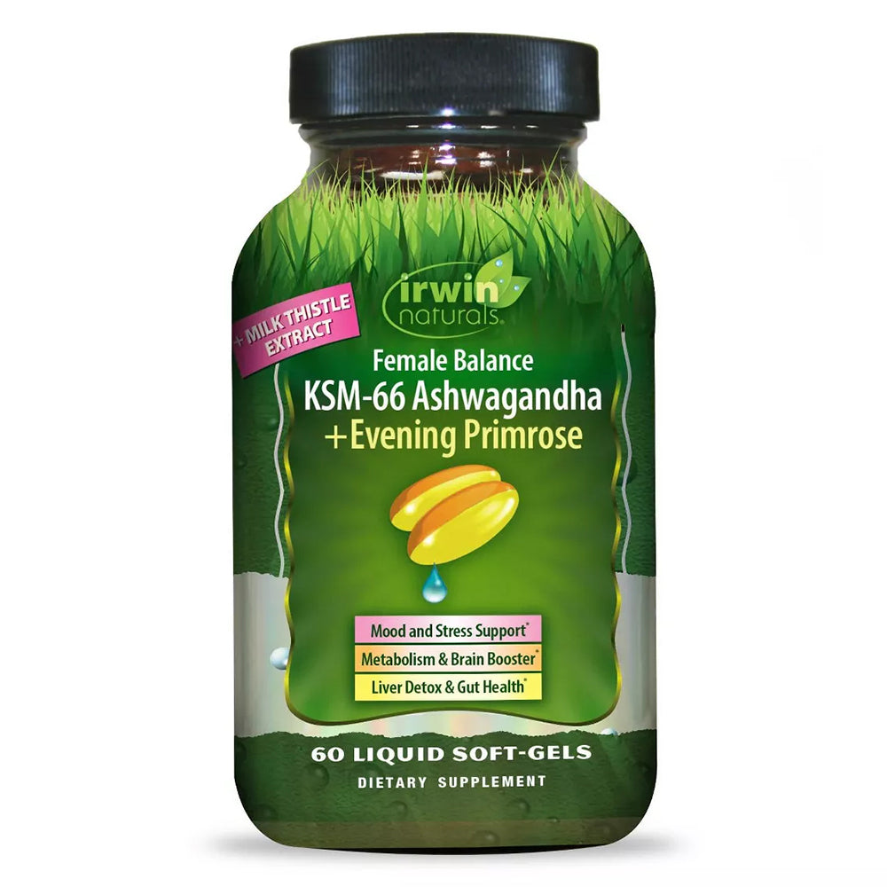Irwin Naturals Female Balance KSM66 Ashwagandha Plus Evening Primrose Support Softgel Metabolism Mood and Stress 60Ea