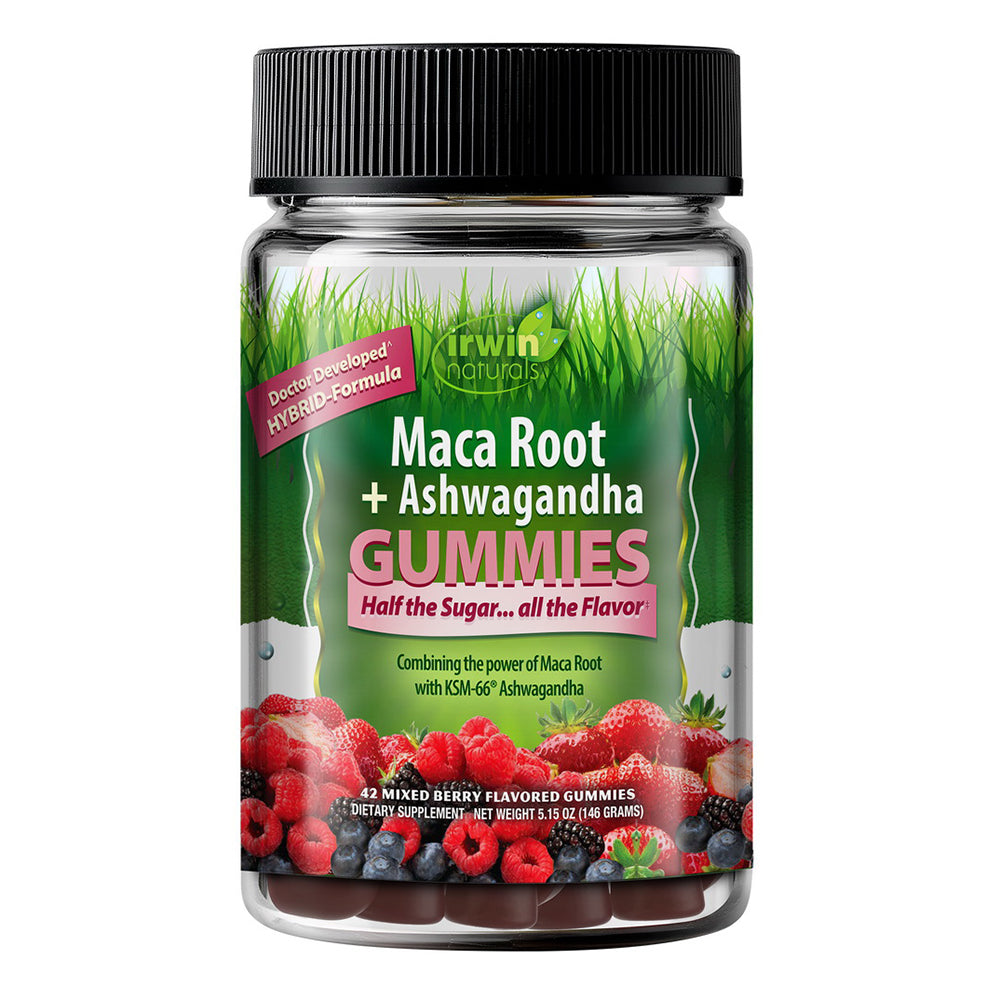 Irwin Naturals Maca Root and Ashwagandha Gummies Infused with Fruit Flavors Support Calm Resilience 42Ea