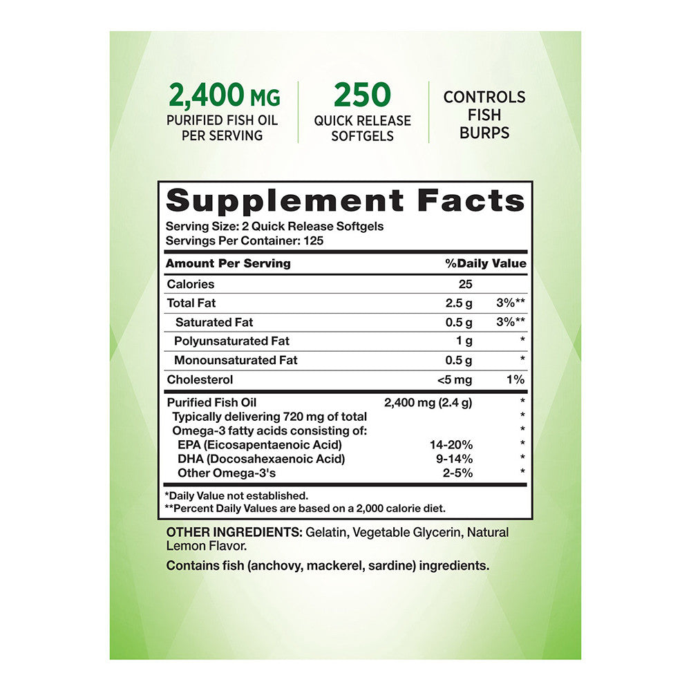 Natures Truth Fish Oil 2400 Mg Quick Release Softgels, Natural Lemon Flavor, 250 Ea