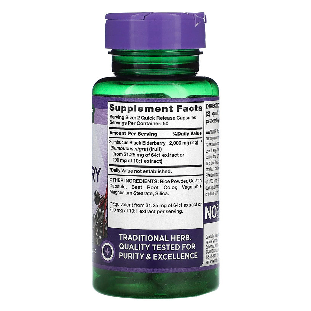 Natures Truth Vitamins Sambucus Black Elderberry Super Concentrated Extract 2000 Mg Capsules, 100 Ea