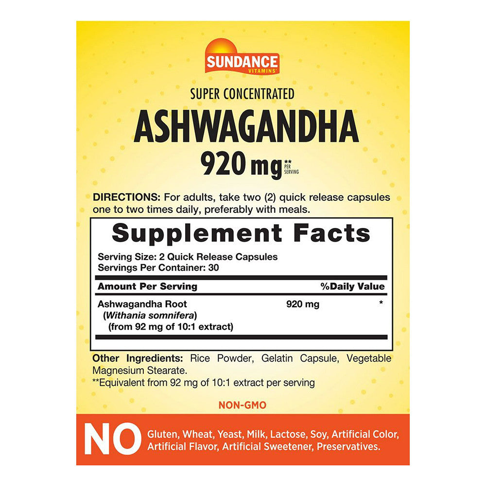 Sundance Vitamins Super Concentrated Ashwagandha 920 Mg Ayurvedic Quick Release Capsules, 60 Ea