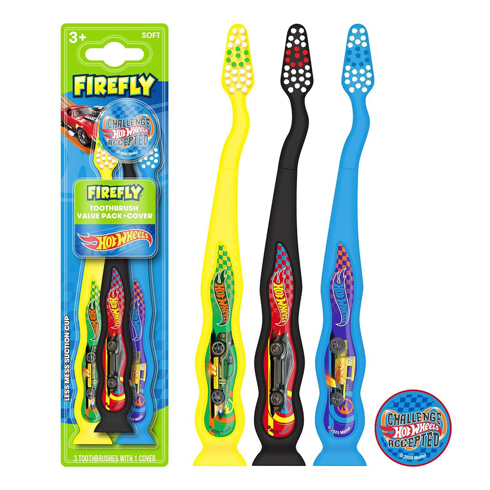 Firefly Hot Wheels Kids Toothbrush with Cover Soft Bristle Toothbrush 3Ea