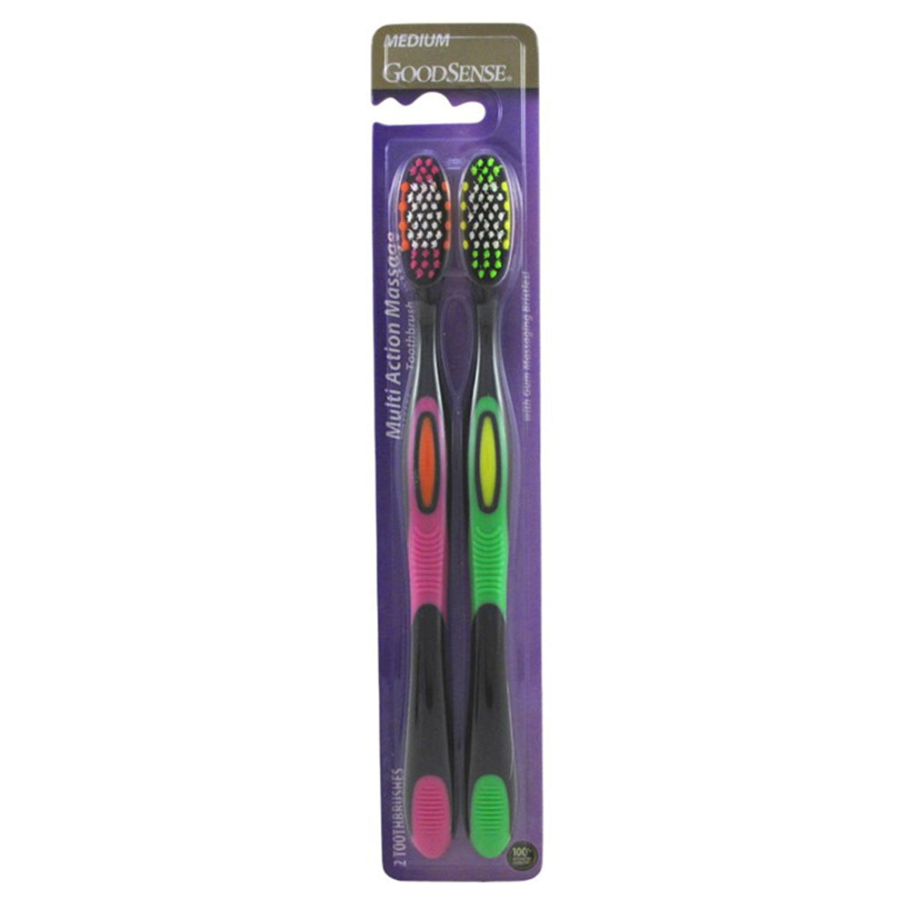 Goodsense Toothbrush Multi Action Rubber Massaging Bristles Stimulate Gums Soft Medium Size 2Ea