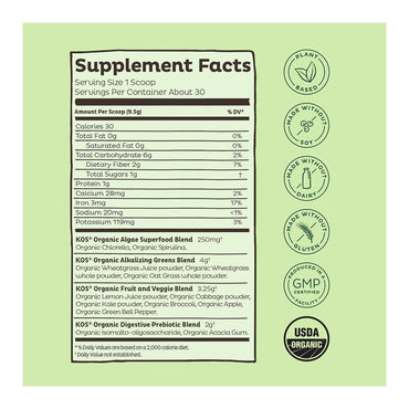 Kos Amazing Tasting Alkalizing Green Superfood Powder, Green Apple Sorbet Flavor, 9.38 Oz