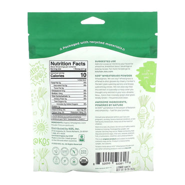Kos Organic Wheatgrass Juice Powder, Superfood Rich In Chlorophyll And Fiber, 3.8 Oz