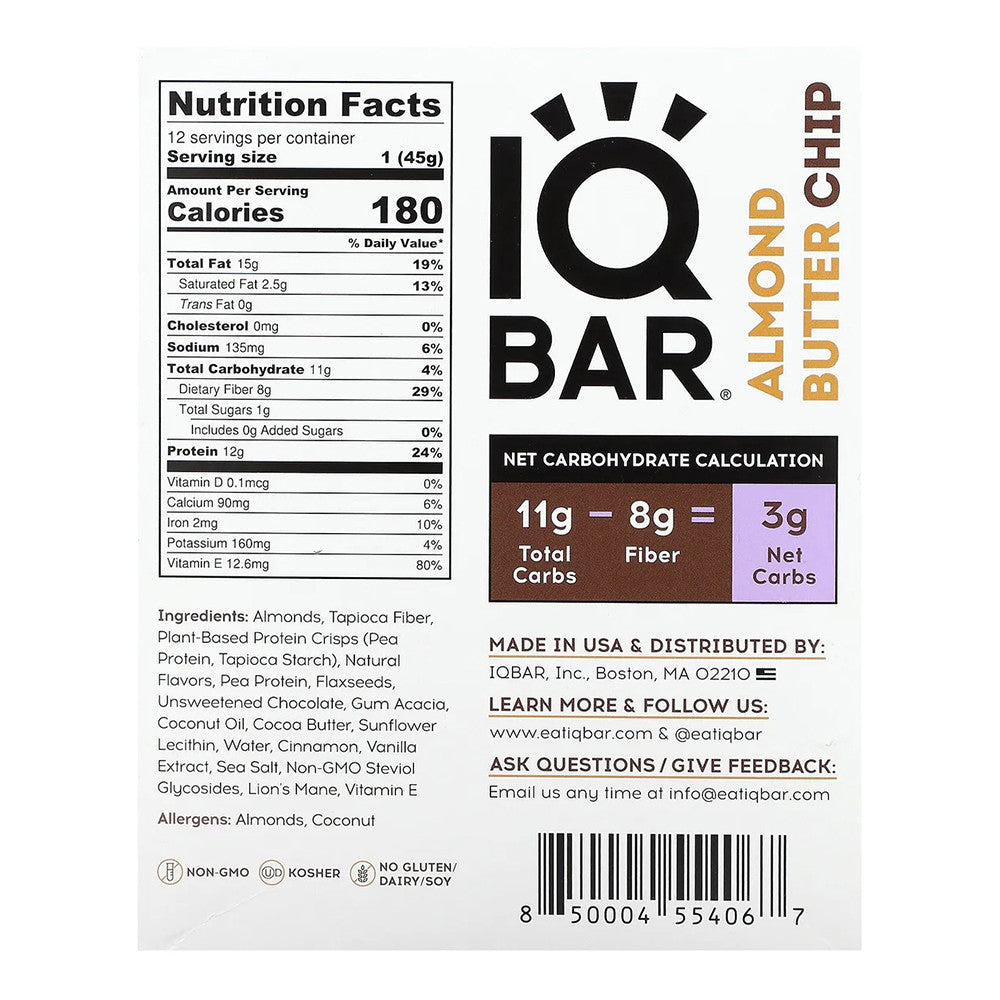 Iqbar Almond Butter Chip Bars, 12 Ea