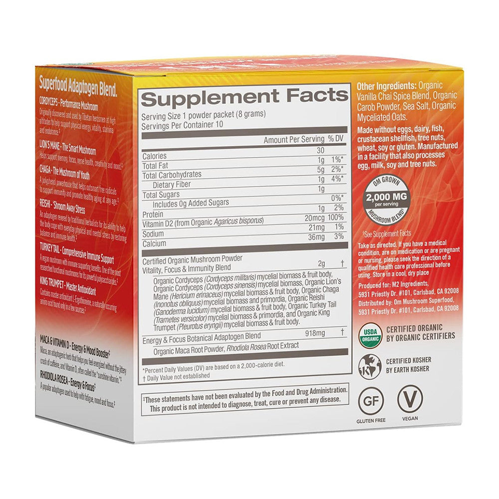 Om Mushroom Superfood Morning Energy Blend Chai Packs, Caffeine Free, 10 Ea