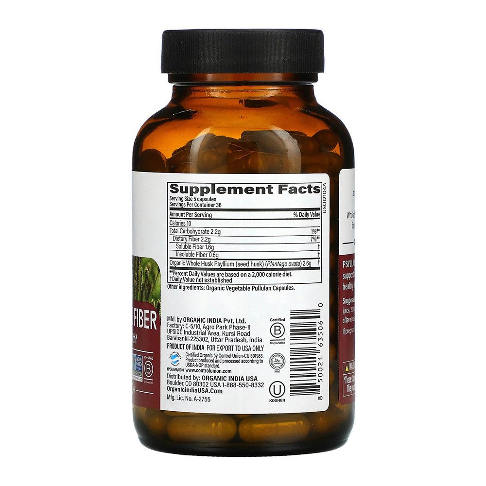 Organic India Psyllium Fiber Supplement, Supports Digestive Health, Veg Capsule, 180 Ea