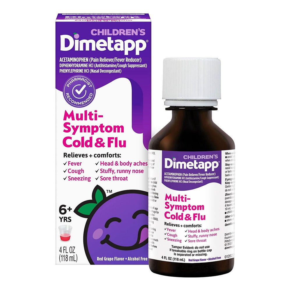 Dimetapp Cold and Flu Multi Symptom Relief Liquid, Red Grape Flavor, 4 Oz