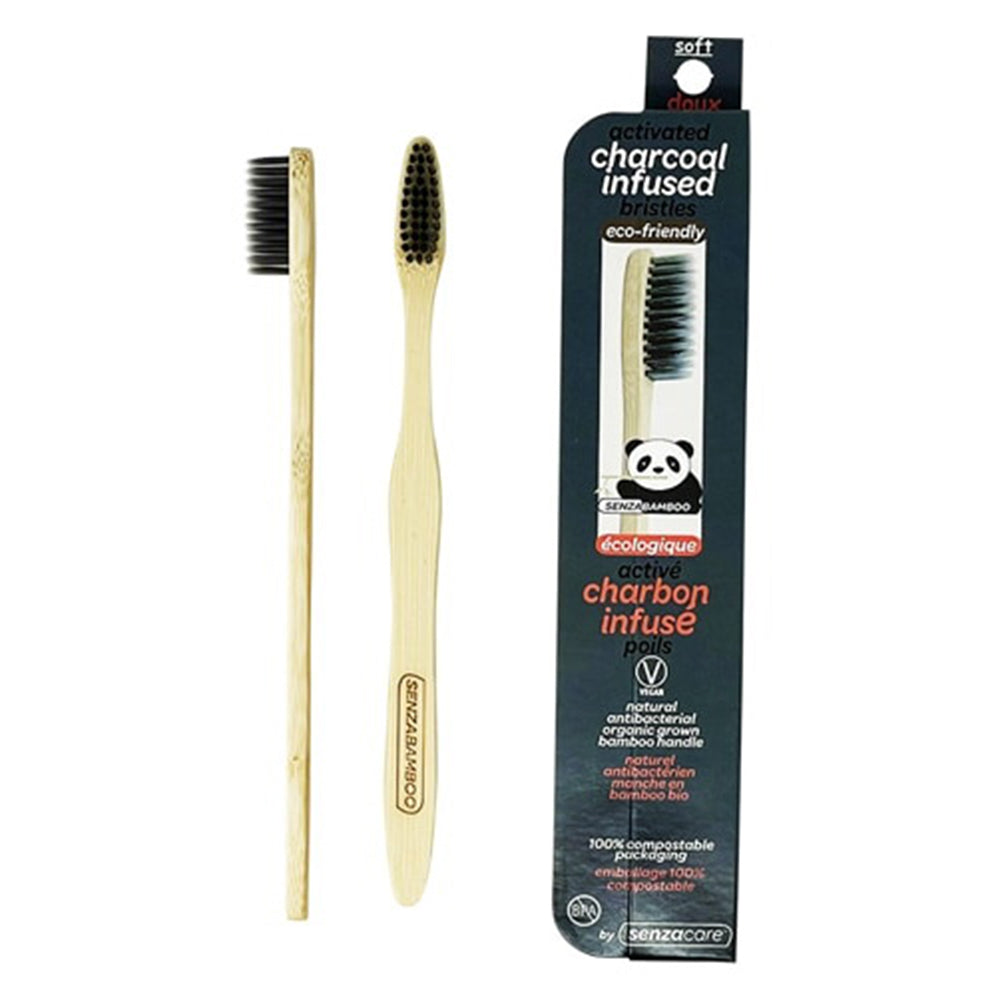 Senzacare Activated Charcoal Infused Bristles Natural Antibacterial Organic Grown Bamboo Handle Toothbrush 1Ea