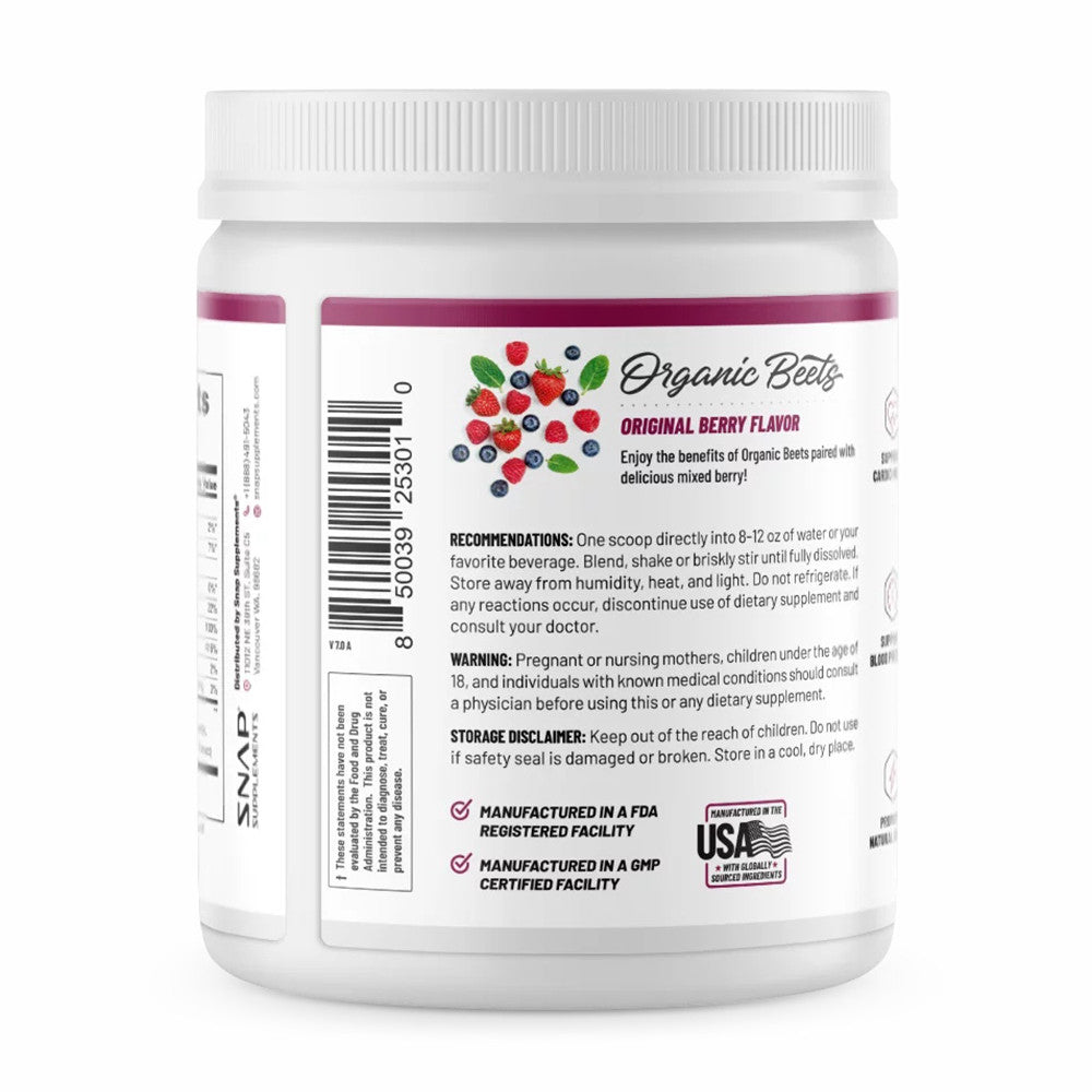 Snap Nitric Oxide Organic Beets Supplement Powder, Original Berry, Support Cardio Health, 250 Gm