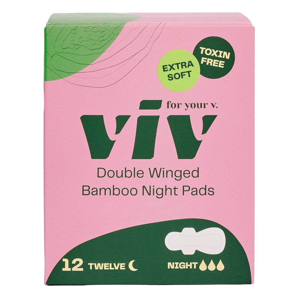 Viv for Your V Bamboo Double Winged Night Pads for Soft Secure Overnight Period Protection 12Ea