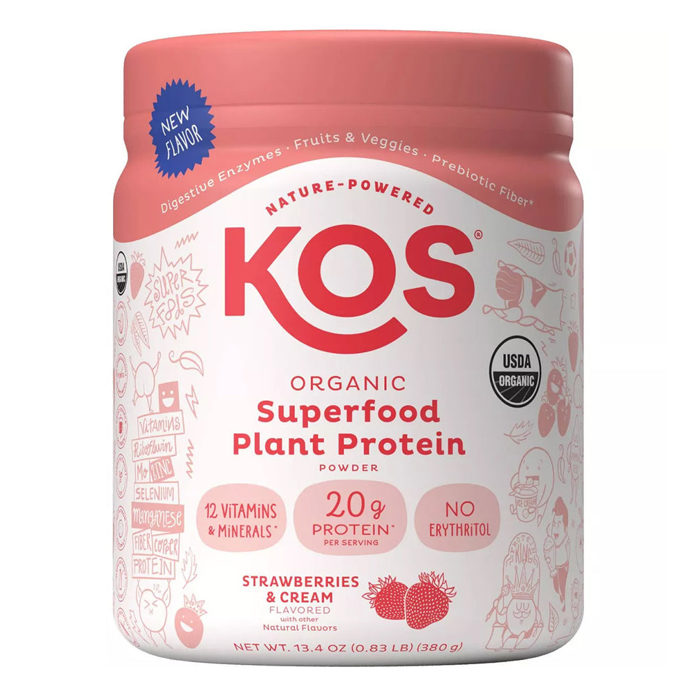 KOS Organic Plant Based Super Food Protein Powder Strawberry and Cream Gluten Free 13.4Oz (380g)