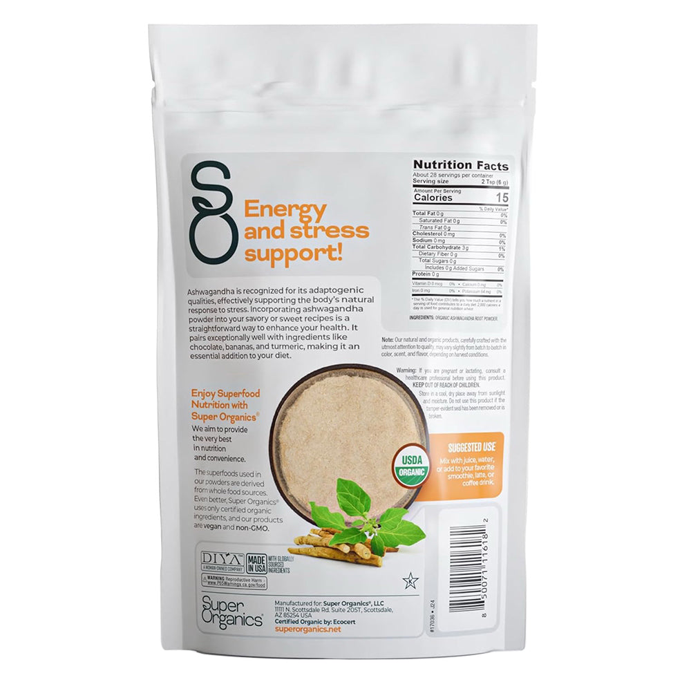 Super Organics Ashwagandha Root Powder Herb for Vitality and Wellness 6Oz (170g)