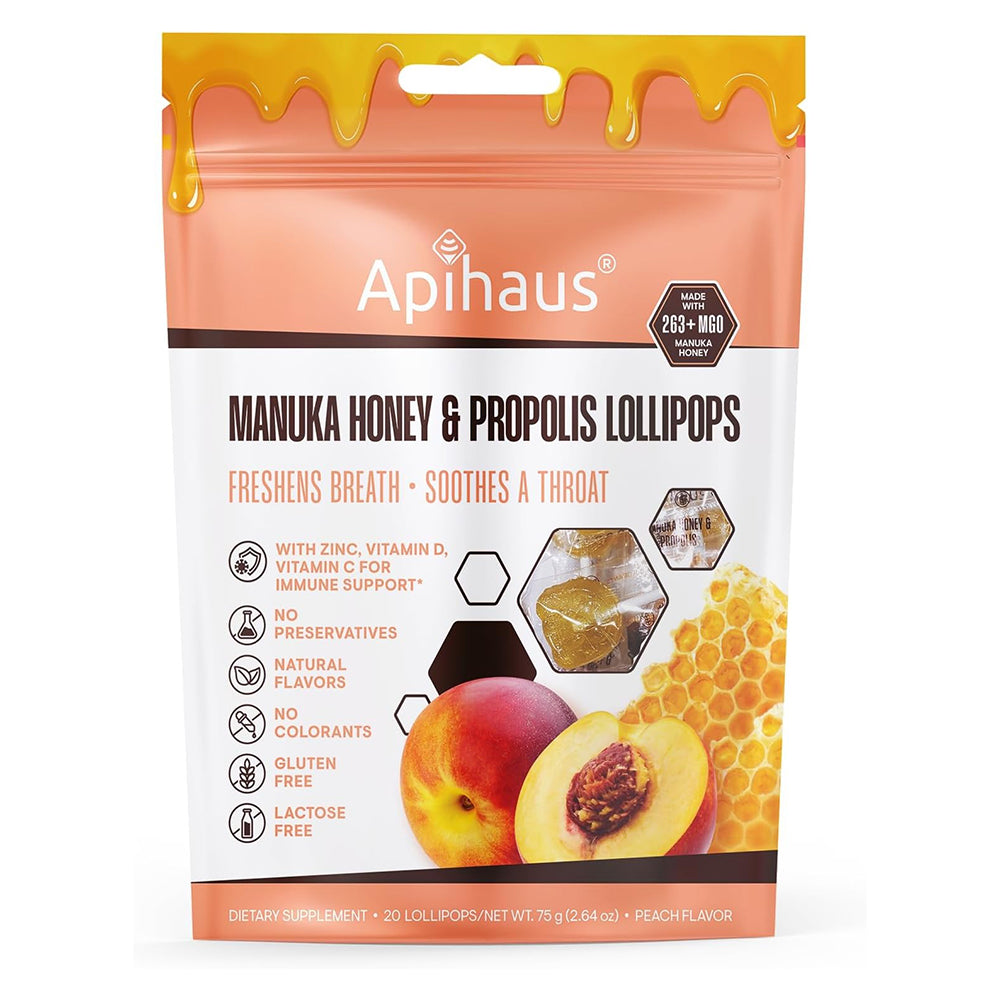 Apihaus Manuka Honey and Propolis Lollipops for Soothing Throat Comfort and Immune Support 2.64Oz (75g) 20Ea