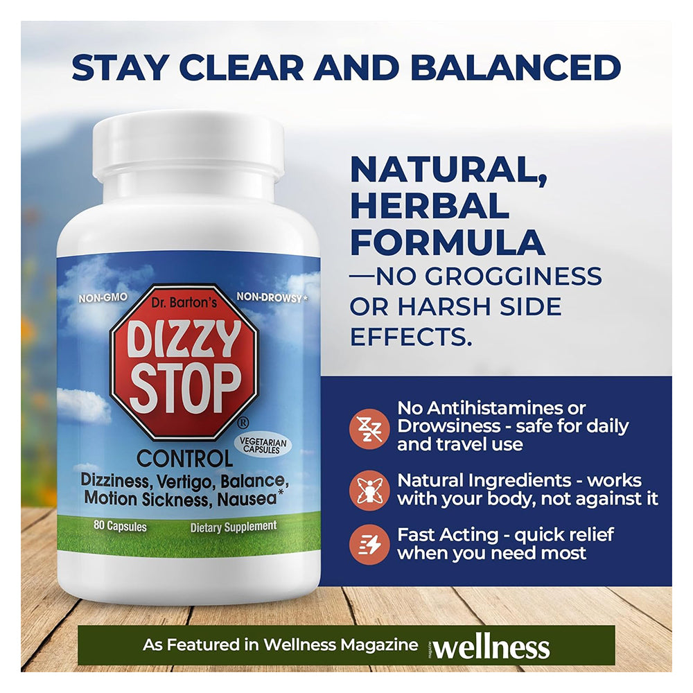 Dr. Bartons Dizzy Stop Natural Vertigo Relief Dietary Supplement Capsules 80Ea