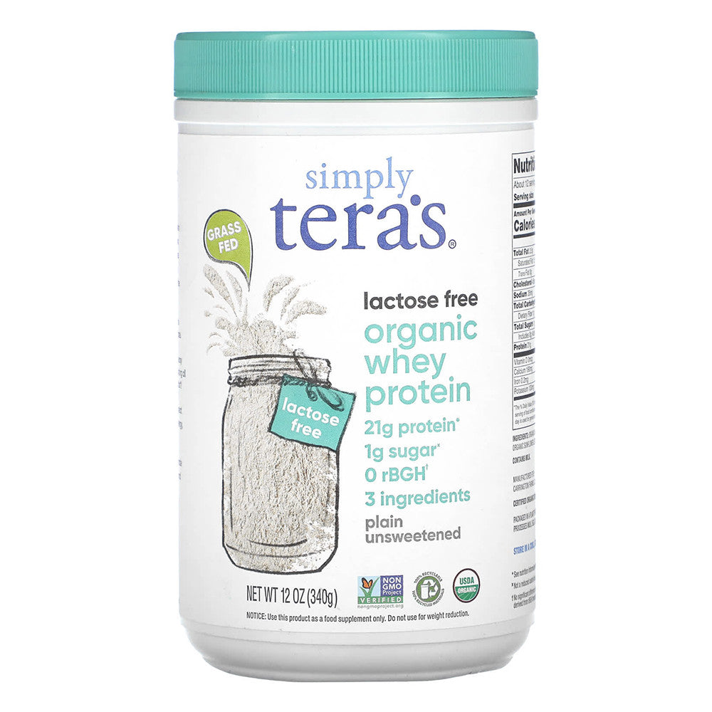 Simply Teras Organic Lactose Free Whey Protein Powder, Plain unsweetened Flavor, 12 Oz