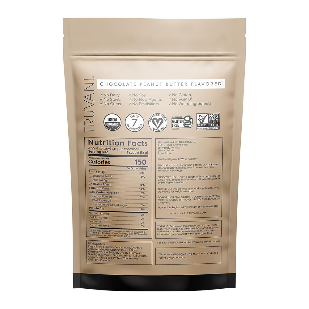 Truvani Organic Chocolate Peanut Butter Protein Powder, 25.75 Oz