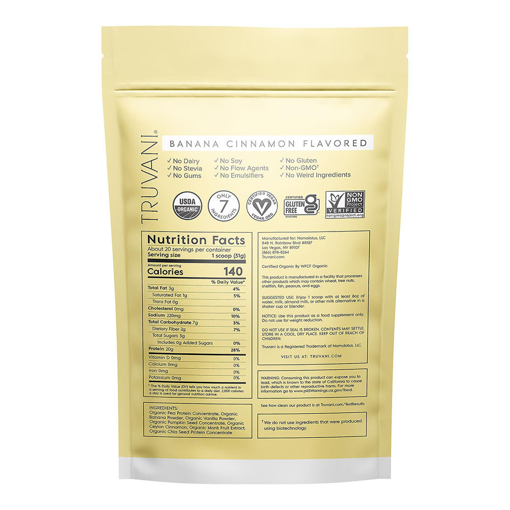 Truvani Organic Banana Cinnamon Protein Powder, 22.19 Oz