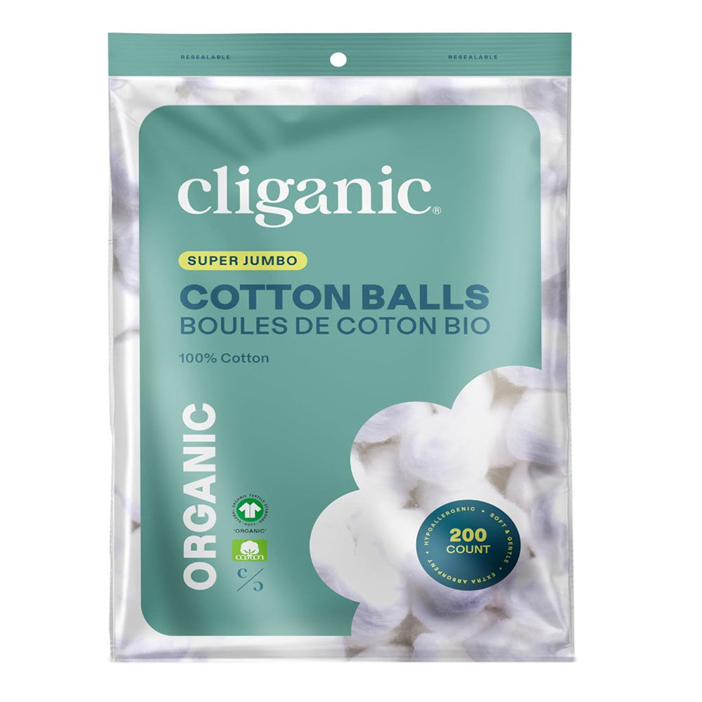 Cliganic Organic Super Jumbo Cotton Balls for Skincare 200Ea