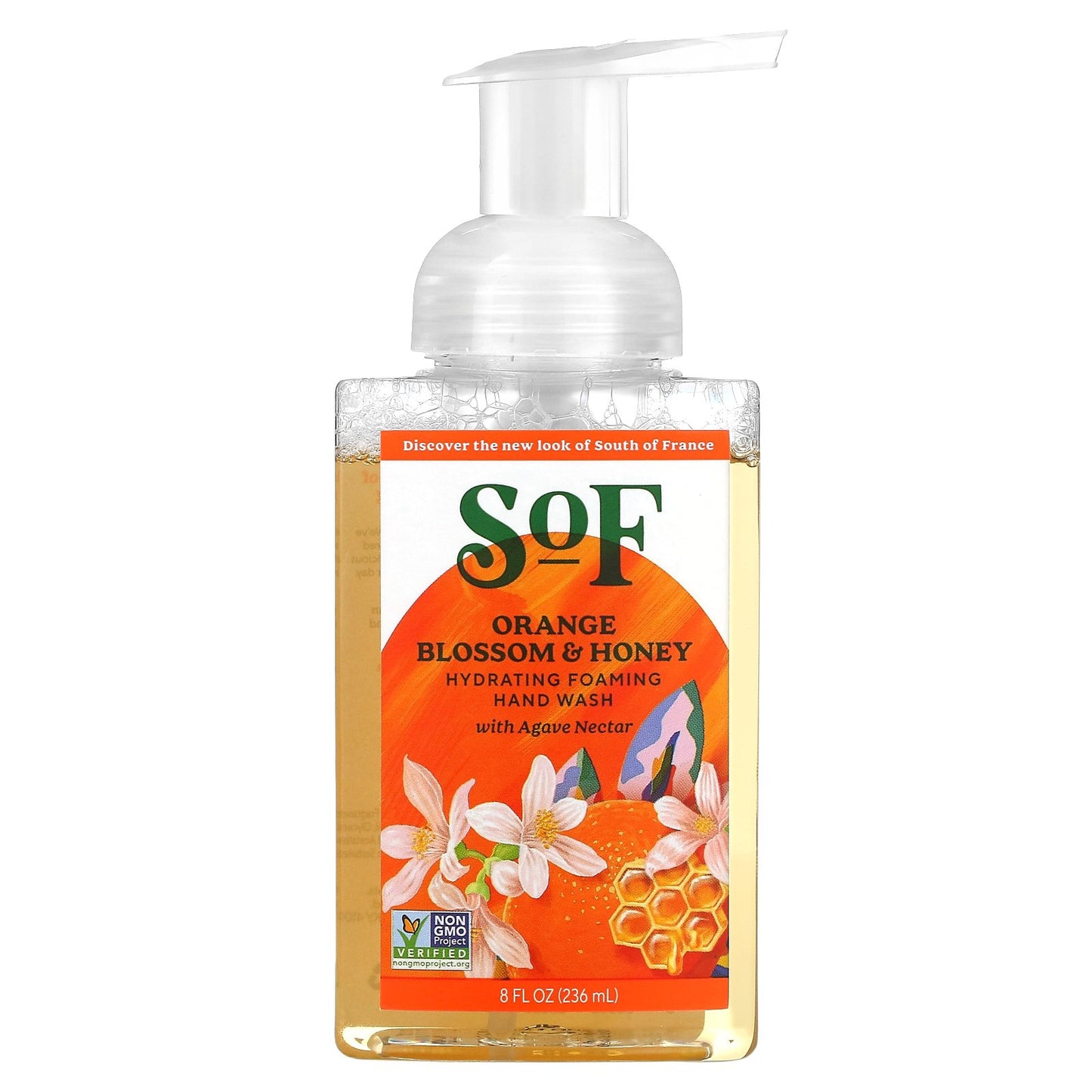 South of France Foaming Hand Wash With Hydrating Organic Agave Nectar Orange Blossom Honey, 8 Oz