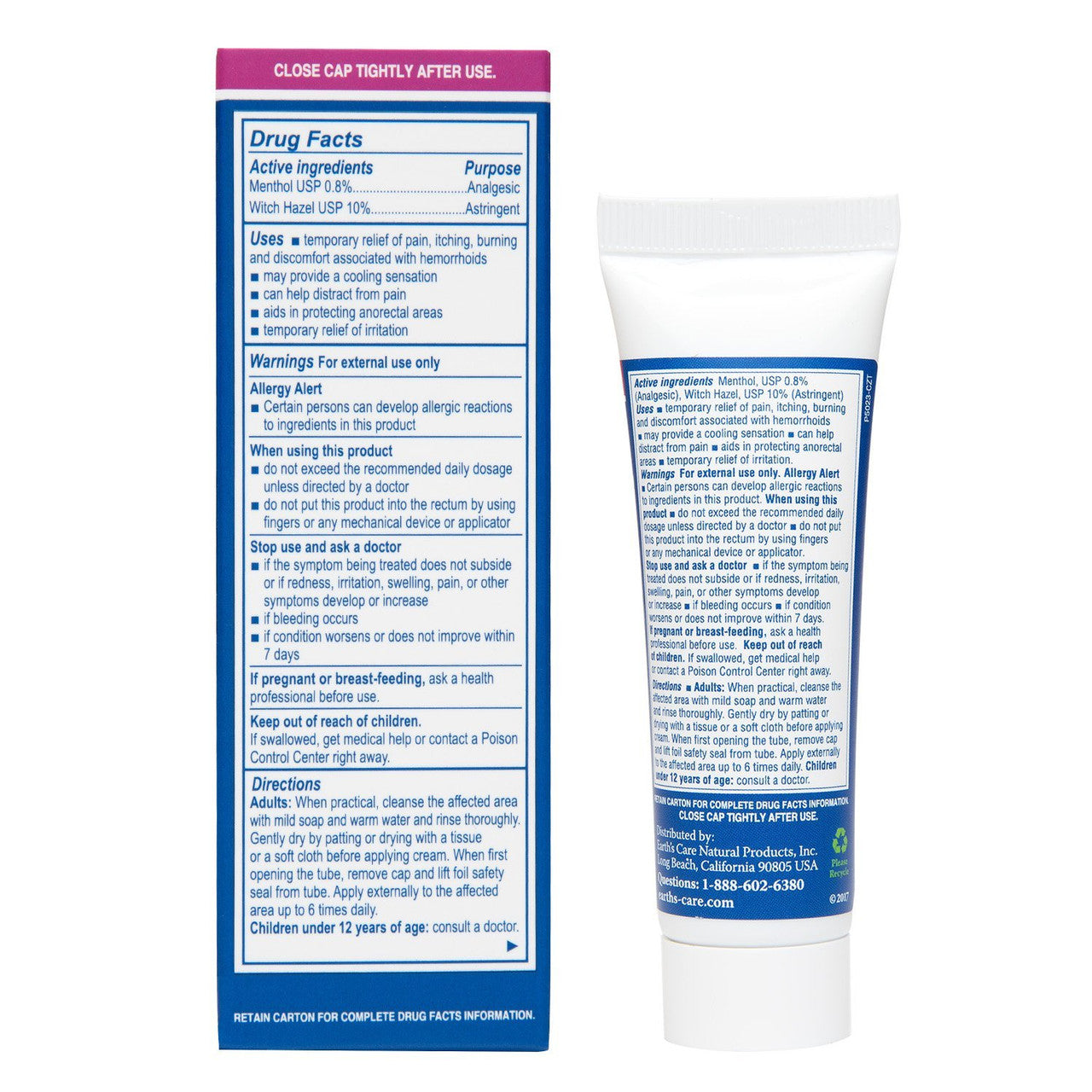 Earths Care Hemorrhoid Relief Cream with Dual Action Formula, Witch Hazel and Menthol, 1 Oz