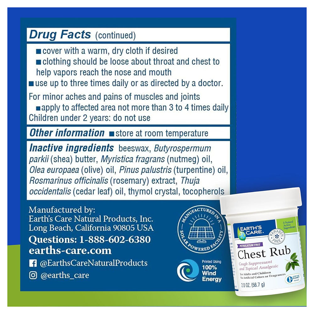 Earths Care Soothing Chest Rub Vapor Relief Balm Cough Suppressant and Topical Analgesic 2.0Oz (56.7g)